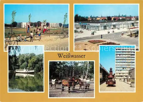 AK / Ansichtskarte Weisswasser_Oberlausitz Freizeitzentrum Lutherstrasse Brechtstrasse Jahnteich mit Schiffsbar Tiergarten Wohnkomplex am Wasserturm Weisswasser_Oberlausitz