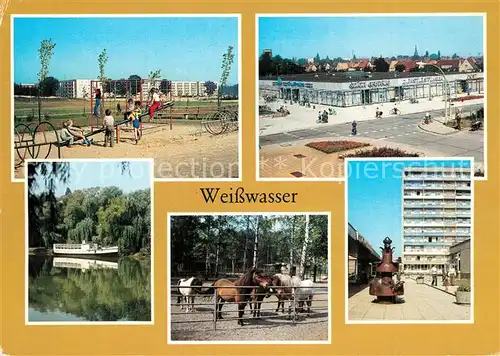 AK / Ansichtskarte Weisswasser_Oberlausitz Freizeitzentrum Lutherstrasse Brechtstrasse Jahnteich mit Schiffsbar Tiergarten Wohnkomplex am Wasserturm Weisswasser_Oberlausitz