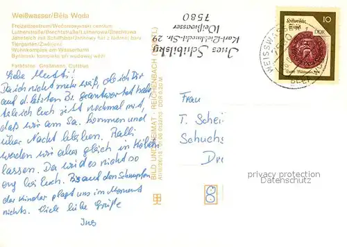 AK / Ansichtskarte Weisswasser_Oberlausitz Freizeitzentrum Lutherstrasse Brechtstrasse Jahnteich mit Schiffsbar Tiergarten Wohnkomplex am Wasserturm Weisswasser_Oberlausitz