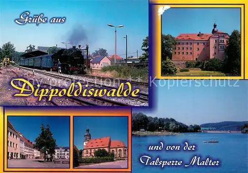 AK / Ansichtskarte Dippoldiswalde_Osterzgebirge Bahnhof der Weisseritztalbahn Schloss Dippoldiswalde Markt Stadtkirche St Lorenz Talsperre Malter Dippoldiswalde