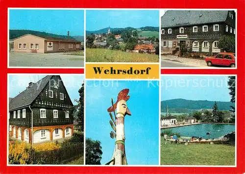 AK / Ansichtskarte Wehrsdorf_Sachsen Kegelbahn Teilansicht Gasthaus Steinberg Umgebindehaus Geschnitzter Hahn Waldbad Wehrsdorf Sachsen