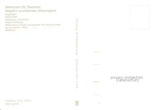 AK / Ansichtskarte Wehrsdorf_Sachsen Kegelbahn Teilansicht Gasthaus Steinberg Umgebindehaus Geschnitzter Hahn Waldbad Wehrsdorf Sachsen