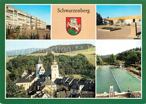 AK / Ansichtskarte Schwarzenberg_Erzgebirge Paul Guenter und Hans Beimler Oberschule Gaststaette Roter Loewe Altstadt Freibad Schwarzenberg Erzgebirge