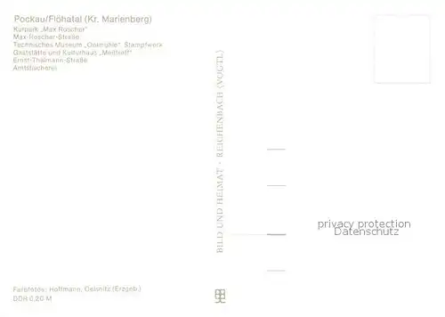 AK / Ansichtskarte Pockau Kurpark Max Roscher Techn Museum Oelmuehle Stampfwerk Gaststaette und Kulturhaus Messtreff Ernst Thaelmann Strasse Amtsfischerei Pockau