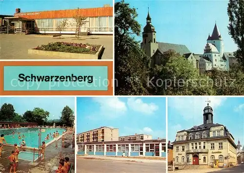 AK / Ansichtskarte Schwarzenberg_Erzgebirge Gaststaette Roter Loewe Schloss und Kirche Freibad Wohngebiet Wilhelm Pieck Hotel Gaststaette Haus der Einheit Schwarzenberg Erzgebirge