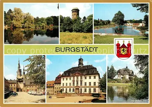 AK / Ansichtskarte Burgstaedt_Sachsen Karl Liebknecht Hain Aussichtsturm am Turastein Freibad Saengerturm und Stadtkirche Rathaus Frauenklinik Burgstaedt_Sachsen