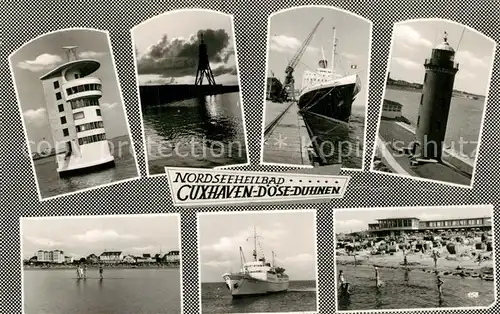 AK / Ansichtskarte Cuxhaven_Duhnen_Nordseebad Leuchttuerme Ozeandampfer Fahrgastschiff Strand Cuxhaven_Duhnen
