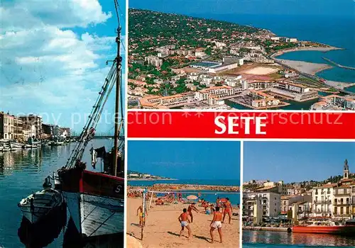 AK / Ansichtskarte Sete_Cette Hafen Fischkutter Strand Beachvolleyball Fliegeraufnahme 