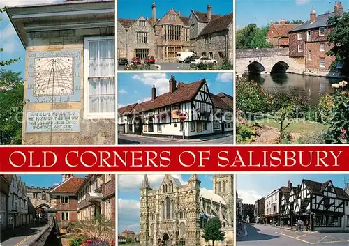 Salisbury_Wiltshire Old Corners of the city Sundial Malmesbury House Hight Street Gate King s House Hotel Bridge Cathedral 