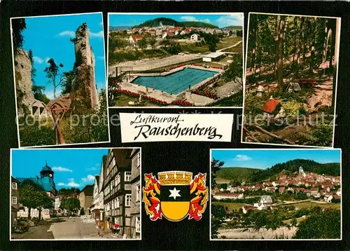 Rauschenberg_Hessen Burgruine Ortsmotive Freibad Waldpartie Miniaturen Wappen Rauschenberg Hessen