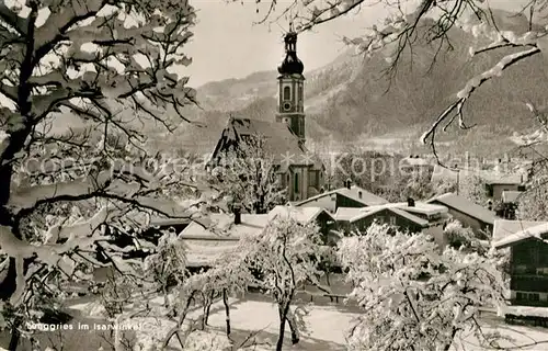 Lenggries Ortsansicht mit Kirche Winterpanorama Lenggries
