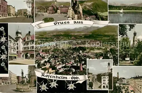 AK / Ansichtskarte Rosenheim_Bayern Strassenpartie Brunnen Panorama Kirche Rosenheim Bayern