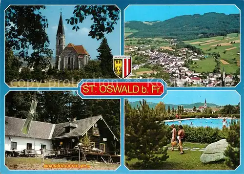 AK / Ansichtskarte St_Oswald_Freistadt Panorama Erholungsort im Muehlviertel Kirche Braunberghuette Freibad St_Oswald_Freistadt