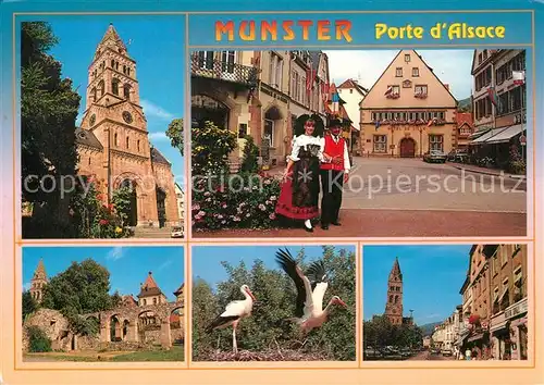 AK / Ansichtskarte Munster_Haut_Rhin_Elsass Eglise Protestante Place de la Mairie Abbaye Cigognes d Alsace Costumes Rue de la Republique Munster_Haut_Rhin_Elsass