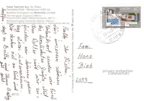 AK / Ansichtskarte Mittenwald_Bayern Hotel Tonihof  Mittenwald Bayern