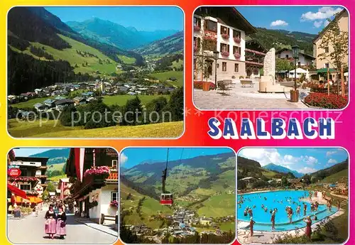 AK / Ansichtskarte Saalbach Hinterglemm Panorama Brunnen Dorfstrasse Seilbahn Freibad Saalbach Hinterglemm