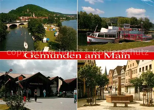 AK / Ansichtskarte Gemuenden_Main Panorama Bootsanlegestelle Bahnhof Brunnen Gemuenden Main