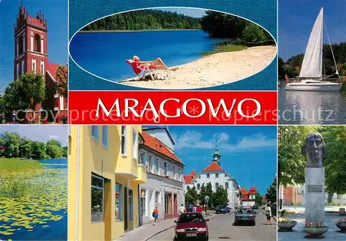 AK / Ansichtskarte Mragowo_Sensburg Teilansichten Strand Segelboot Denkmal Mragowo Sensburg