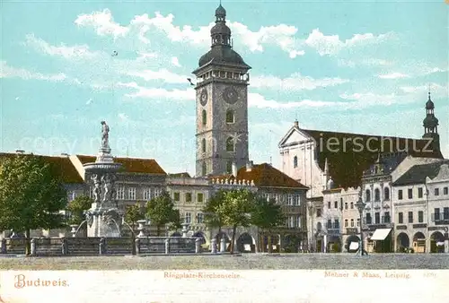 AK / Ansichtskarte Budweis_Suedboehmen Ringplatz Brunnen Kirche Budweis Suedboehmen