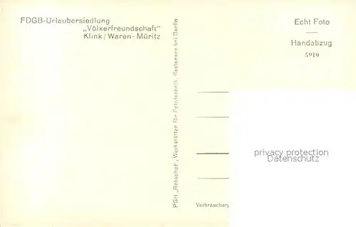 AK / Ansichtskarte Klink_Waren FDGB Urlaubersiedlung Voelkerfreundschaft Handabzug Klink Waren
