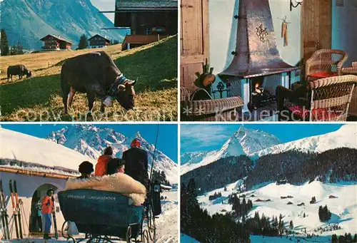AK / Ansichtskarte Gargellen_Vorarlberg Feriengut Gargellenhof Kaminzimmer Almvieh Kuehe Pferdeschlitten Winterpanorama Alpen Gargellen_Vorarlberg