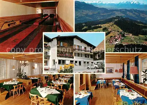 AK / Ansichtskarte Sulzberg_Vorarlberg Gasthof Pension Engel Gastraum Kegelbahn Alpenpanorama Fliegeraufnahme Sulzberg Vorarlberg