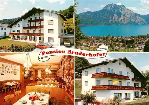 AK / Ansichtskarte Altmuenster_Salzkammergut Pension Bruderhof Fruehstueckszimmer Panorama Traunsee Alpen Altmuenster_Salzkammergut