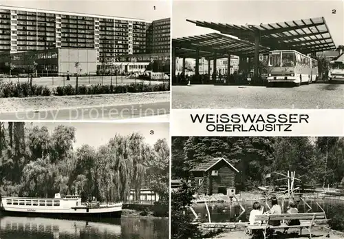 AK / Ansichtskarte Weisswasser_Oberlausitz Wohnkomplex am Wasserturm Leninring Busbahnhof Jahnsteich mit Schiffsbar Tierpark Weisswasser_Oberlausitz