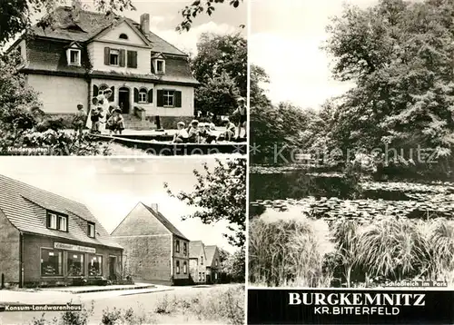 AK / Ansichtskarte Burgkemnitz Kindergarten Konsum Landwarenhaus Schlossteich im Park Burgkemnitz