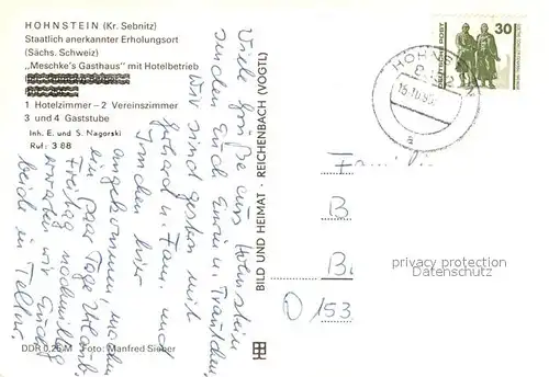 AK / Ansichtskarte Hohnstein_Saechsische_Schweiz Meschkes Gasthaus mit Hotelbetrieb Hotelzimmer Vereinszimmer und Gaststube Hohnstein_Saechsische