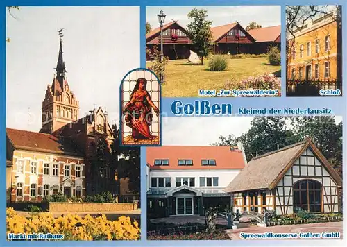 AK / Ansichtskarte Golssen Markt Rathaus Motel Zur Spreewaelderin Schloss Spreewaldkonserve Golssen GmbH Golssen