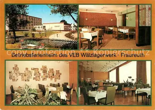 AK / Ansichtskarte Fraureuth Betriebsferienheim des VEB Waelzlagerwerk mit Spielplatz Bar Fliesenwand im Speisesaal Cafe Fraureuth