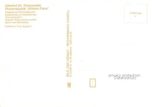 AK / Ansichtskarte Altenhof_Eberswalde Pionierrepublik Wilhelm Pieck Eingang Badestrand Werbellinsee Wilh Pieck Gedenkstaette Sport und Spielstaette Altenhof Eberswalde