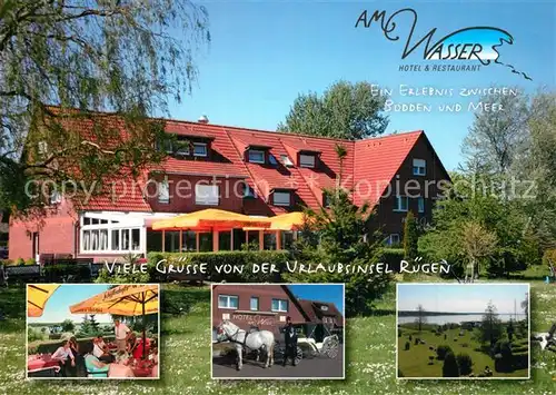 AK / Ansichtskarte Ruegen Hotel Restaurant Am Wasser Terrasse Pferdekutsche Ruegen