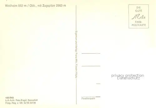 AK / Ansichtskarte Weilheim_Oberbayern Fliegeraufnahme Zugspitze  Weilheim Oberbayern