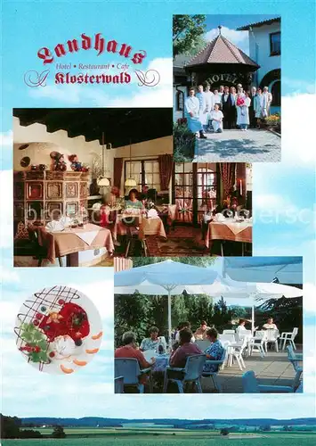 AK / Ansichtskarte Arnsburg_Hessen Landhaus Klosterwald Hotel Gastraum Terrasse Arnsburg Hessen