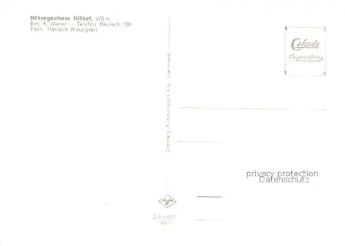 AK / Ansichtskarte Haslach_Kinzigtal Hoehengasthaus Nillhof Terrasse Gastraum Schwanenteich Haslach_Kinzigtal