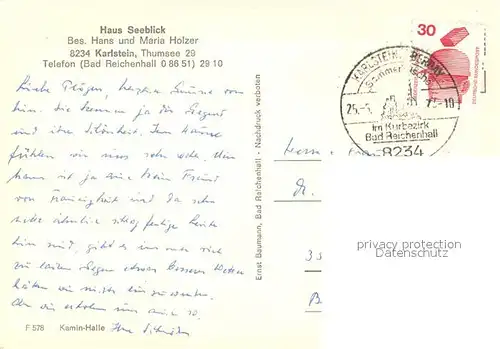 AK / Ansichtskarte Karlstein_Oberbayern Haus Seeblick Kaminzimmer Karlstein_Oberbayern