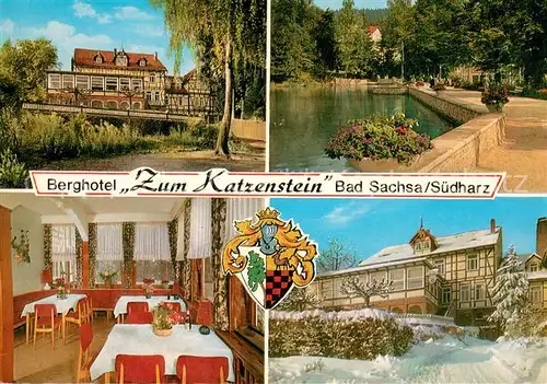 AK / Ansichtskarte Bad_Sachsa_Harz Berghotel Zum Katzenstein Teich Gaststube Bad_Sachsa_Harz