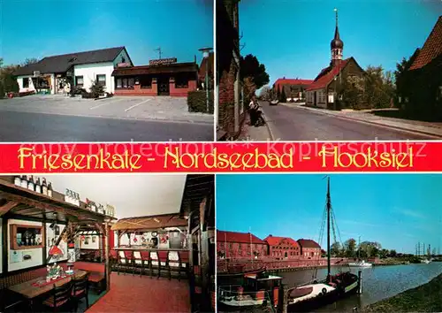 AK / Ansichtskarte Hooksiel_Nordseebad Friesenkate Nordseebad Gaststube Kirche Fischerboot Hooksiel_Nordseebad