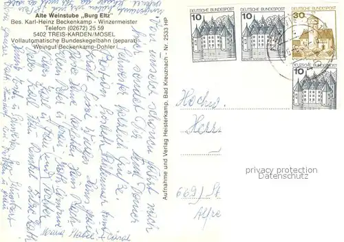 AK / Ansichtskarte Treis Karden Alte Weinstube Burg Eltz Gastraeume Kegelbahn Treis Karden