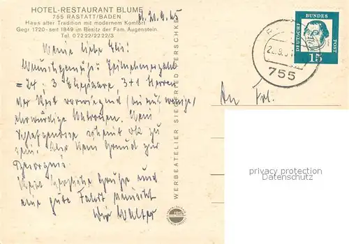 AK / Ansichtskarte Rastatt Hotel Restaurant Blume Rastatt