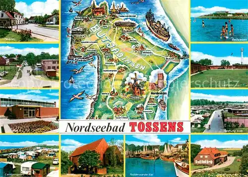 AK / Ansichtskarte Tossens_Nordseebad Hauptstr Strandallee Hallenbad Campingplatz Kirche Fedderwarder Siel Badeleben Freizeitheim Siedlung Aida Sozialheim Tossens_Nordseebad