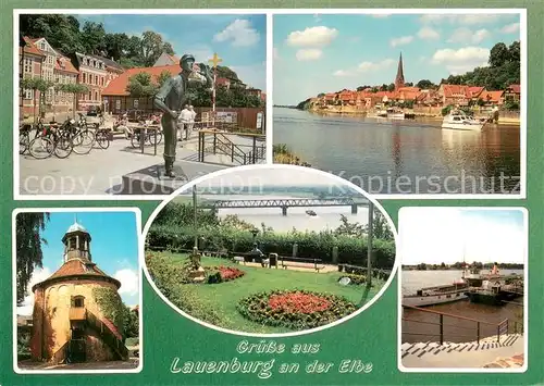 AK / Ansichtskarte Lauenburg_Elbe Bronzestatue Altstadt Panorama Elbblick Raddampfer Kaiser Wilhelm Lauenburg Elbe