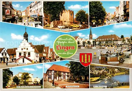 AK / Ansichtskarte Lingen_Ems Pulverturm Buerostrasse Hist Rathaus Marktplatz Krankenhaus Altstadtpartie Am Wasserfall Lingen_Ems