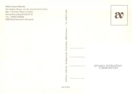 AK / Ansichtskarte Bad_Neuenahr Ahrweiler Hotel Aurora Martha Bad_Neuenahr Ahrweiler