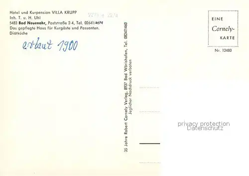 AK / Ansichtskarte Bad_Neuenahr Ahrweiler Hotel und Kurpension Villa Krupp Bad_Neuenahr Ahrweiler