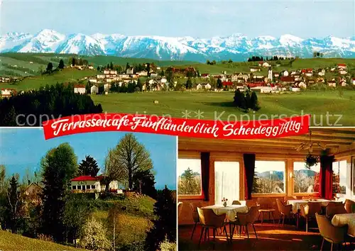 AK / Ansichtskarte Scheidegg_Allgaeu Terrassencafe Fuenflaenderblick Panorama Gaststube Scheidegg Allgaeu