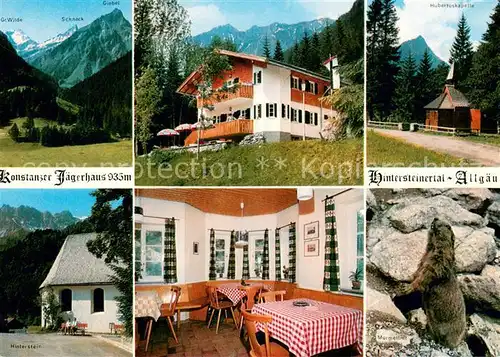 AK / Ansichtskarte Hinterstein_Bad_Hindelang Gasthaus Pension Konstanzer Jaegerhaus Hubertuskapelle Hinterstein Gaststube Murmeltier Hinterstein_Bad_Hindelang