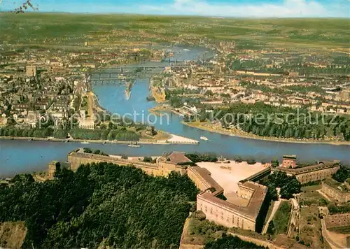 AK / Ansichtskarte Koblenz_Rhein Fliegeraufnahme mit Festung Ehrenbreitstein und Deutsches Eck Koblenz_Rhein